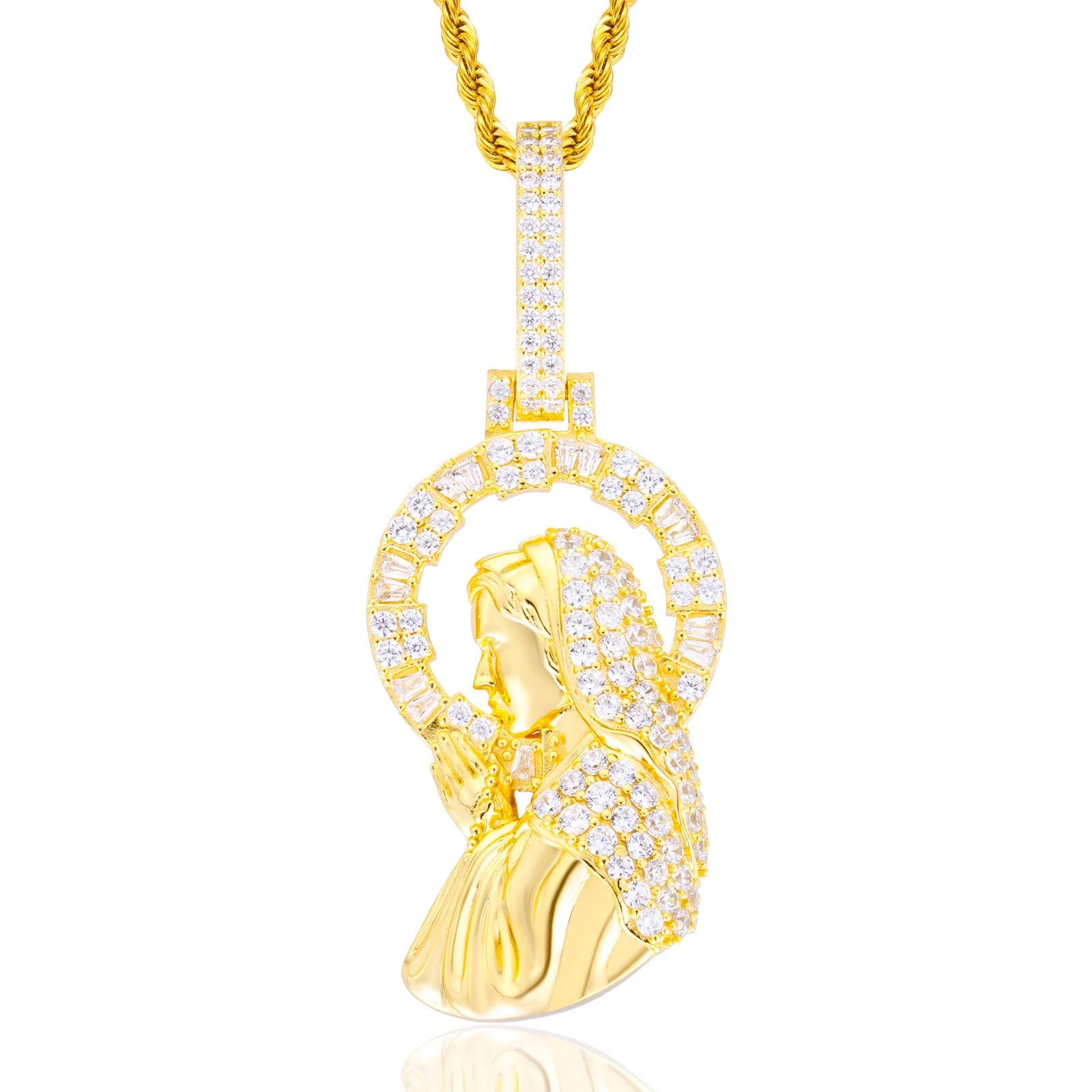 Mary Halo Pendant | D Color VVS Moissanite, 925 Sterling Silver Icedout Medallion Chain