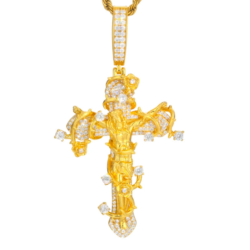 Crown of Thorns Cross | D Color VVS Moissanite, 925 Sterling Silver Icedout Pendant + Tennis Chain Set