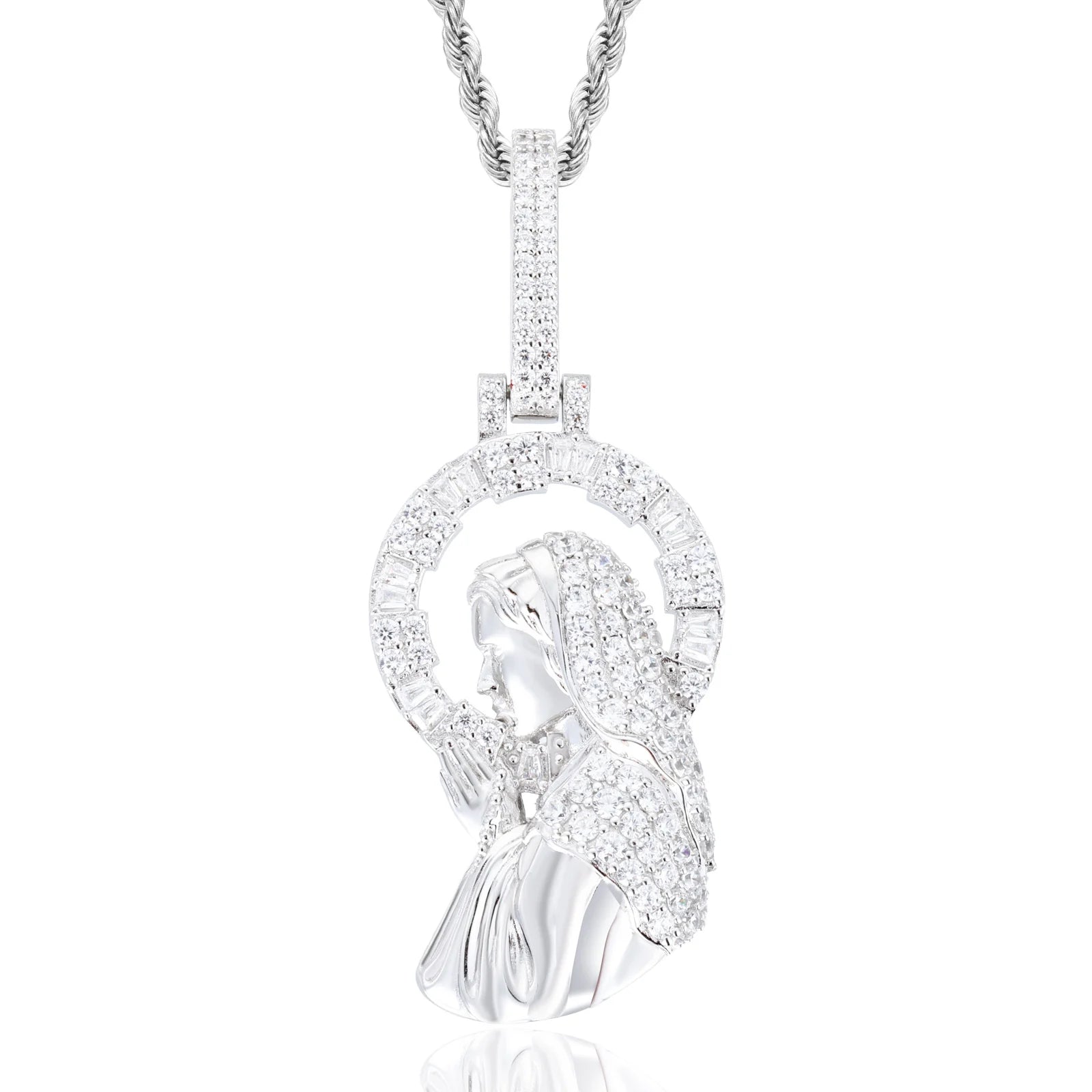 Mary Halo Pendant | D Color VVS Moissanite, 925 Sterling Silver Icedout Medallion Chain