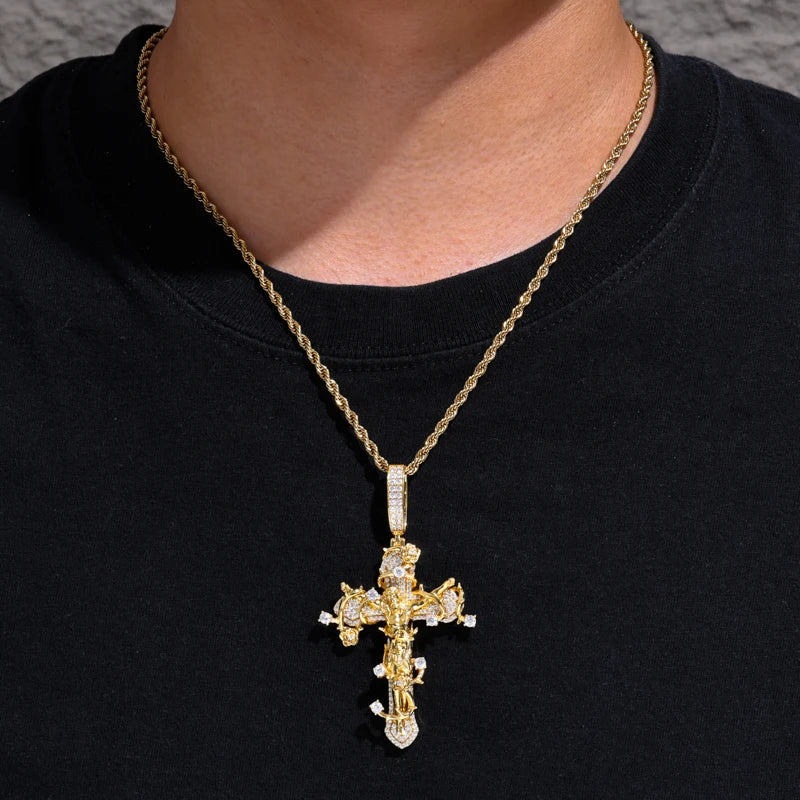 Crown of Thorns Cross | D Color VVS Moissanite, 925 Sterling Silver Icedout Pendant + Tennis Chain Set