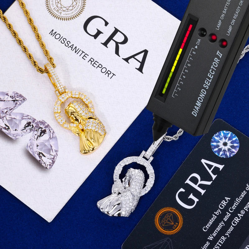 Mary Halo Pendant | D Color VVS Moissanite, 925 Sterling Silver Icedout Medallion Chain