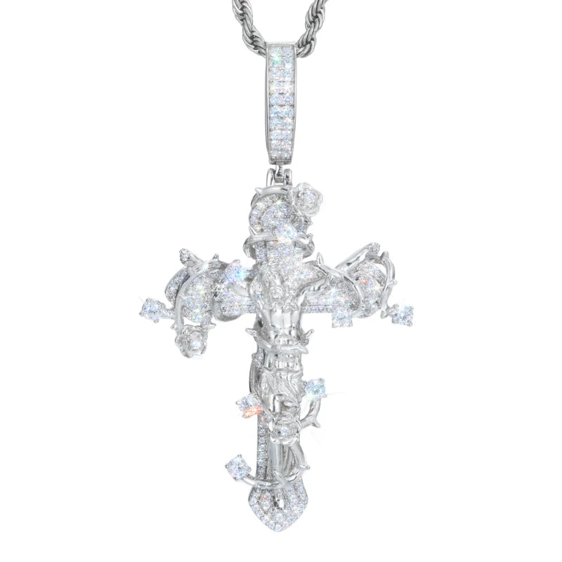 Crown of Thorns Cross | D Color VVS Moissanite, 925 Sterling Silver Icedout Pendant + Tennis Chain Set