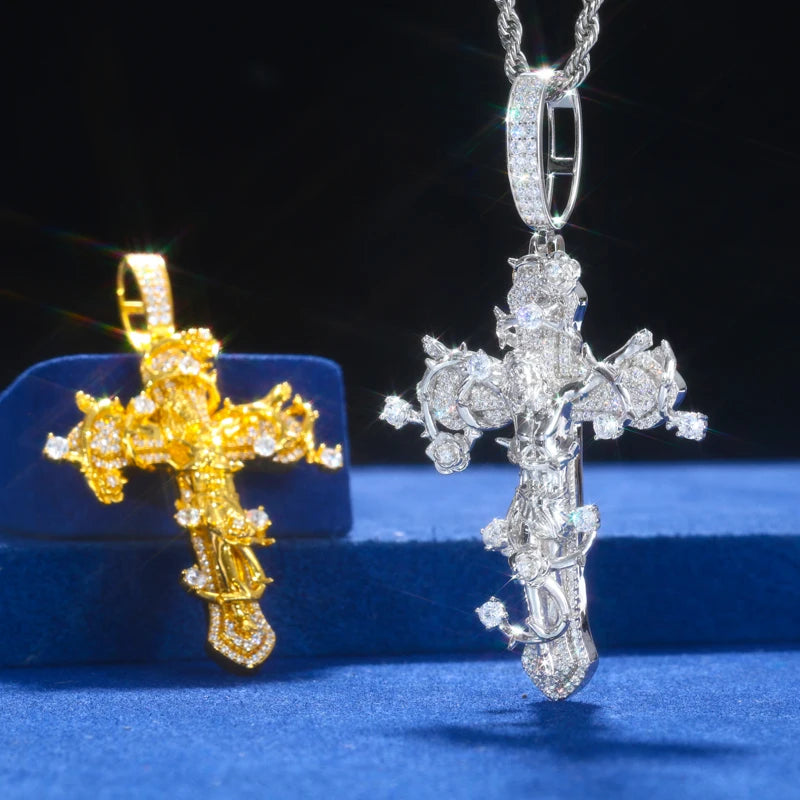 Crown of Thorns Cross | D Color VVS Moissanite, 925 Sterling Silver Icedout Pendant + Tennis Chain Set
