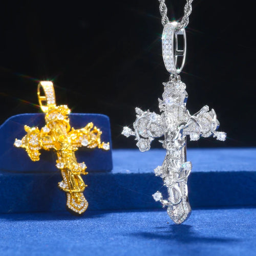 Crown of Thorns Cross | D Color VVS Moissanite, 925 Sterling Silver Icedout Pendant + Tennis Chain Set