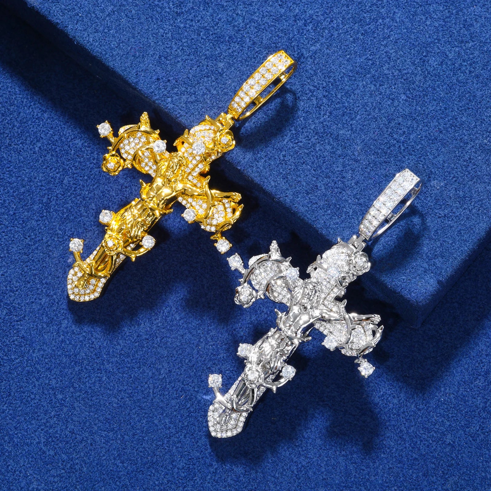 Crown of Thorns Cross | D Color VVS Moissanite, 925 Sterling Silver Icedout Pendant + Tennis Chain Set