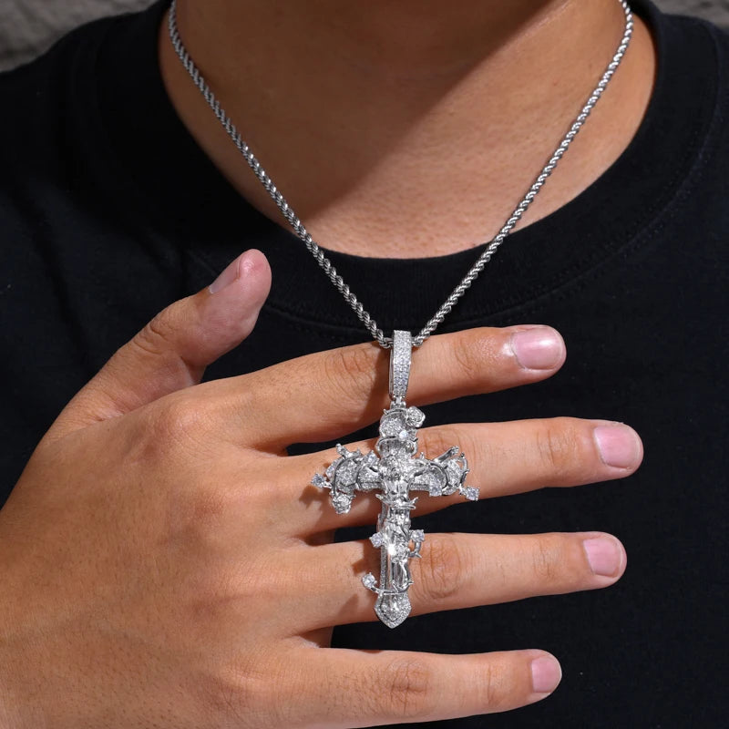 Crown of Thorns Cross | D Color VVS Moissanite, 925 Sterling Silver Icedout Pendant + Tennis Chain Set