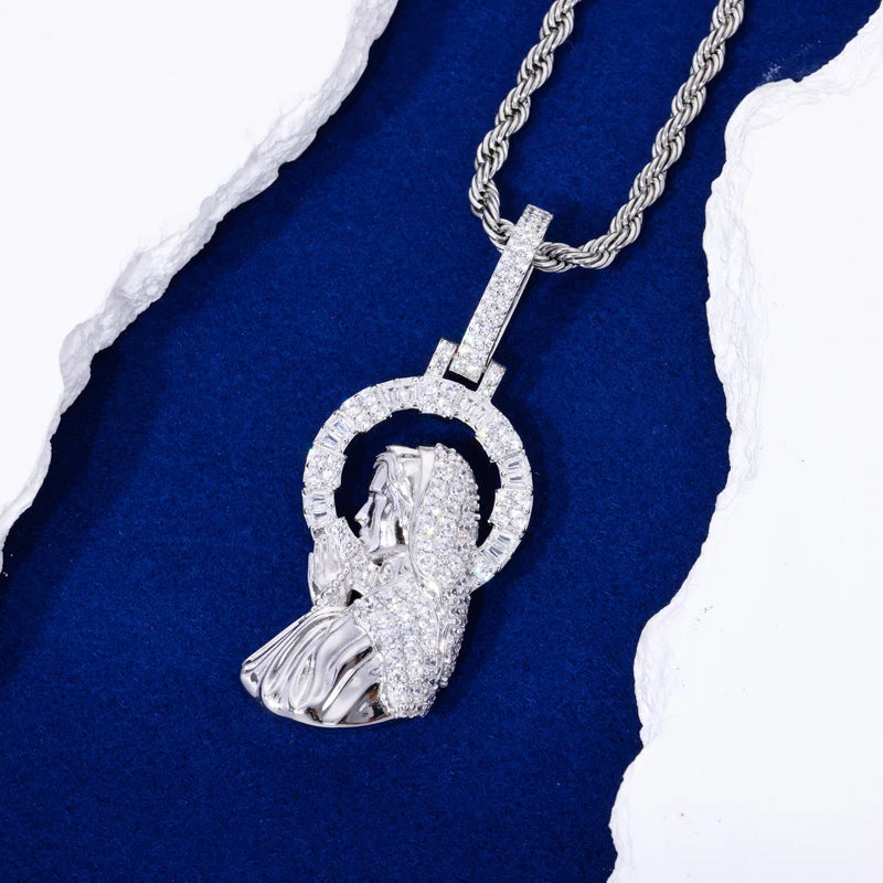 Mary Halo Pendant | D Color VVS Moissanite, 925 Sterling Silver Icedout Medallion Chain